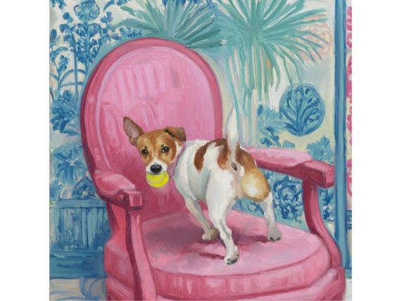Grandmillennial art, Got It!,  Jack Russell on pink chair , whimsical chinoiserie dog art