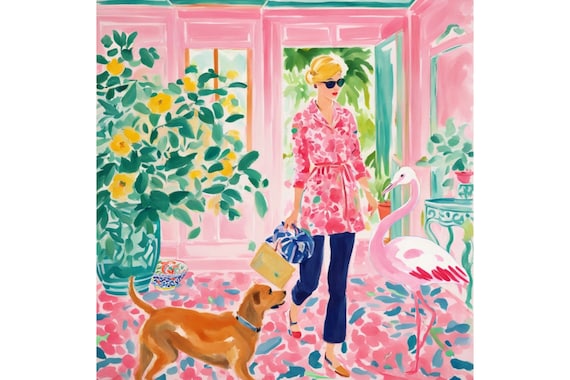Grandmillennial art, Pink flamingo invasion, whimsical fine art print