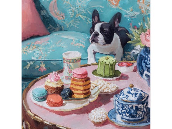 Grandmillennial art, Frenchie, cakes, and macaroons, whimsical dogs art