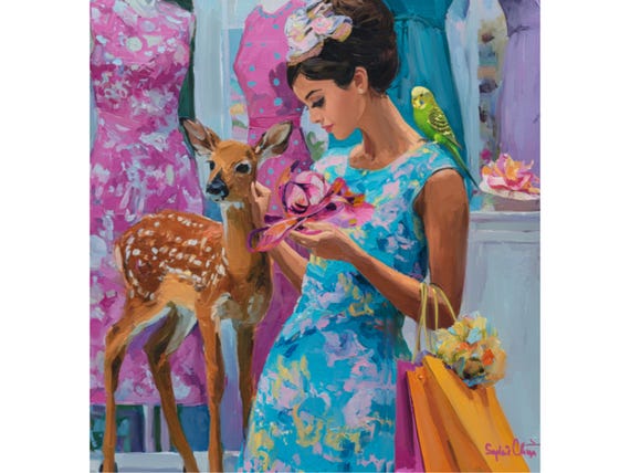 Grandmillennial art, Shopping with Friends, preppy whimsical painting