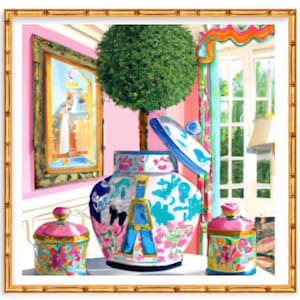 Grandmillennial art, Preppy pink interior with topiary and chinoiserie jar watercolor
