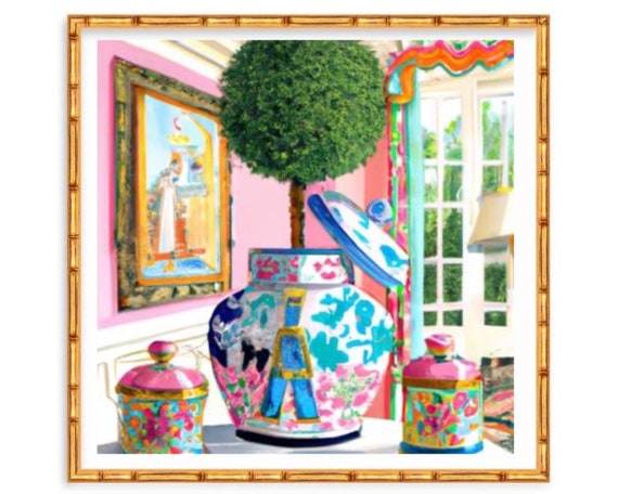 Grandmillennial art, Preppy pink interior with topiary and chinoiserie jar watercolor
