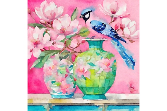 Chinoiserie Ginger Jar Watercolor Painting: Pink Jay & Magnolia Flowers