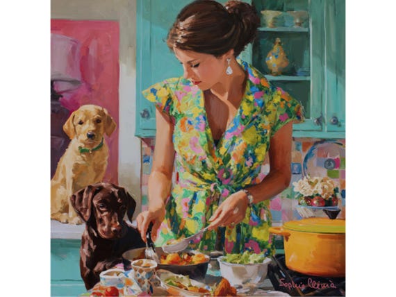 Grandmillennial art, Salad Again, oil painting, whimsical dogs art