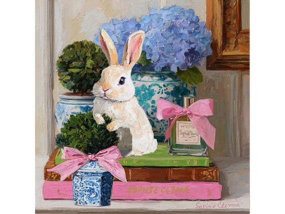 Whimsical Bunny Giclée Print: Preppy Grandmillennial Kitchen Art