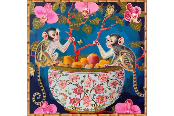 Grandmillennial art, Monkeys playing with fruits chinoiserie art print