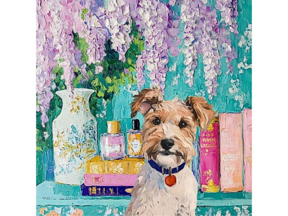 Grandmillennial art, Terrier in blue room with wisteria, whimsical dogs art