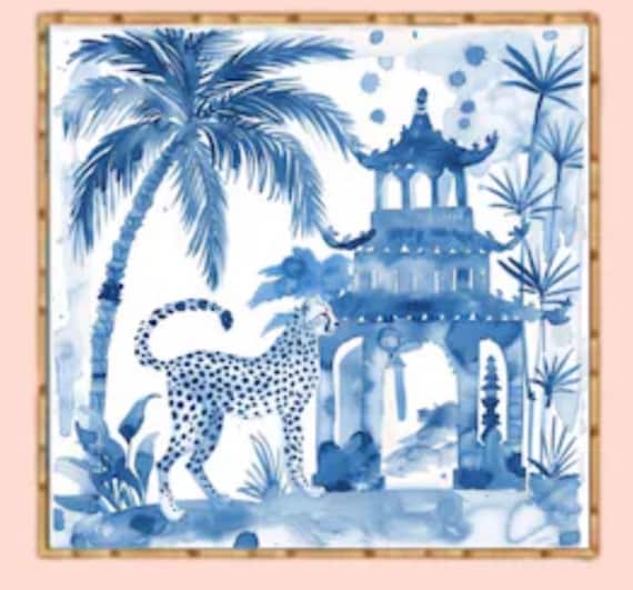 Grandmillennial art, Blue and white chinoiserie cheetah in pagoda garden art print