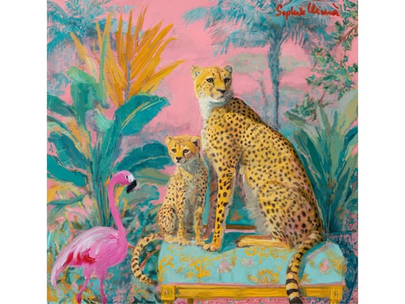 Preppy Cheetahs and cheetah cab  in pink chinoiserie interior, whimsical painting