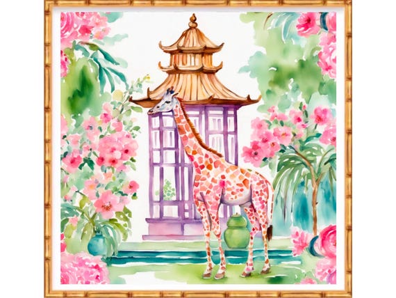 Giraffe in pagoda garden, whimsical chinoiserie painting