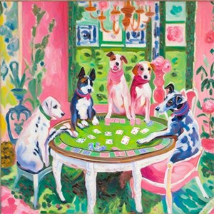 May include: Four dogs wearing colorful scarves sit around a green table playing cards in a pink room with green and white floral wallpaper.