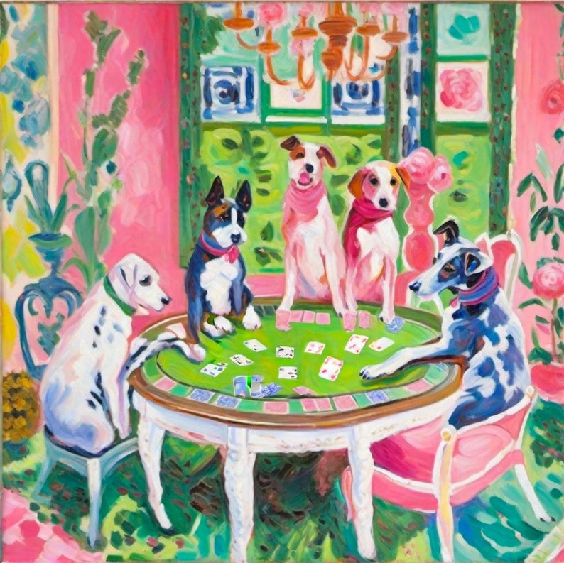 May include: Four dogs wearing colorful scarves sit around a green table playing cards in a pink room with green and white floral wallpaper.