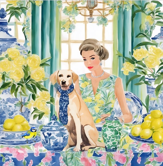 Grandmillennial art, Blue tie lunch, whimsical fine art