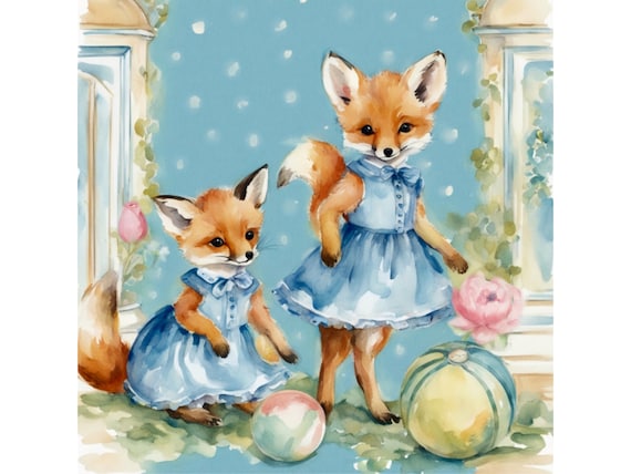 Nursery art, Baby Foxes Playday, giclee print