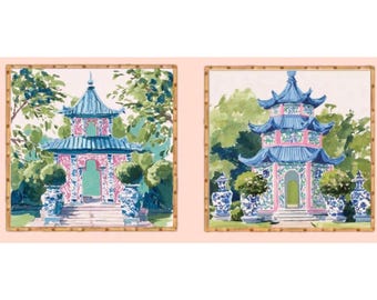 Chinoiserie pink and turquoise Pagoda Watercolor Art Prints - Set of 2