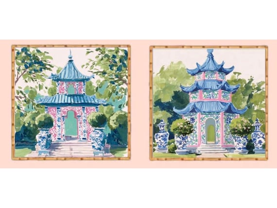 Chinoiserie pink and turquoise Pagoda Watercolor Art Prints - Set of 2