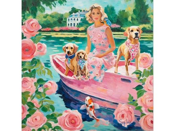 Grandmillennial art, On the river, preppy whimsical painting