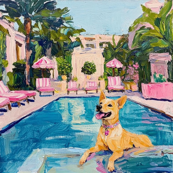 Grandmillennial, Doggy at the swimming pool, whimsical fine art