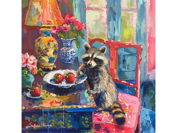 Grandmillennial art, Strawberry Thief, raccoon oil painting