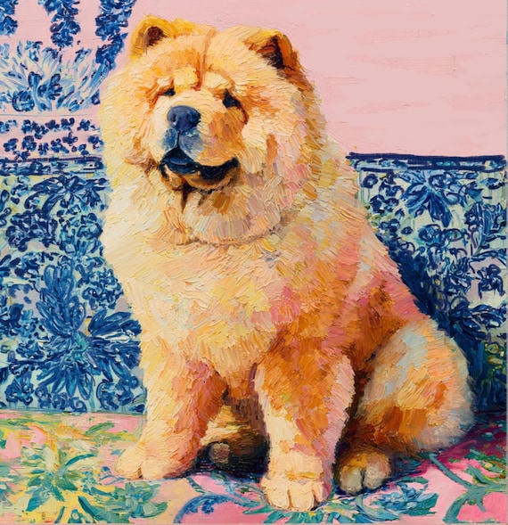Grandmillennial art, Chow Chow on blue and white sofa, whimsical dog painting