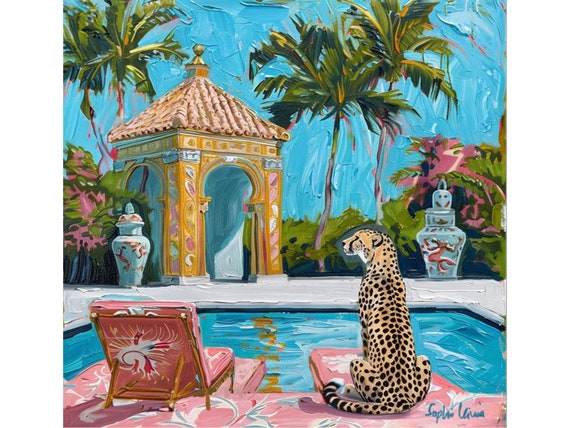Grandmillennial art, Cheetah and yellow cabana, Palm Beach art