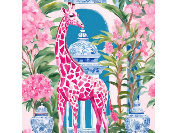 Grandmillennial art, Giraffe in Blue Chinoiserie Rotunda, whimsical watercolor