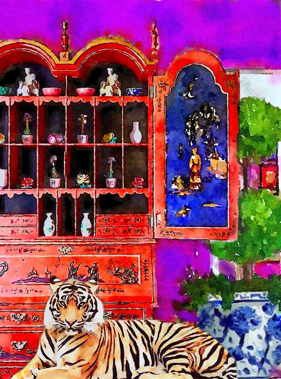 Grandmillennial art, Tiger in chinoiserie interior, Giclee art print