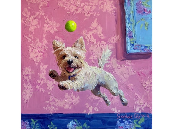 Grandmillennial art, A Goalkeeper, whimsical dogs art