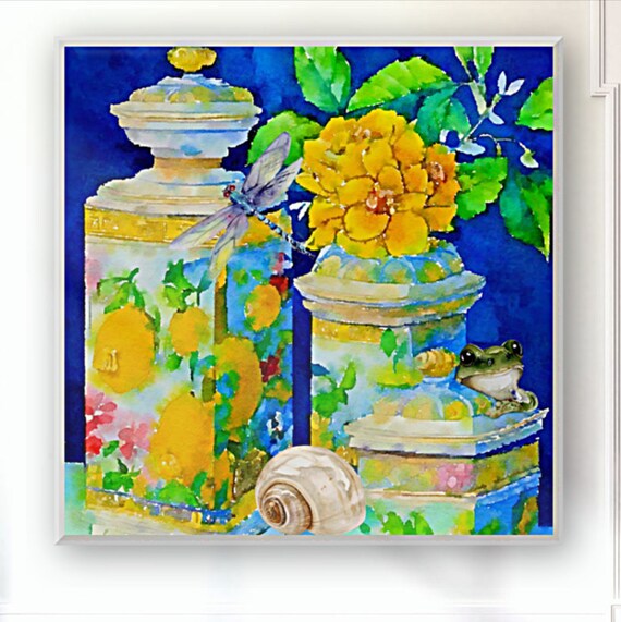 Oversized watercolor chinoiserie jar with magnolia flowers  painting, 1mx1m