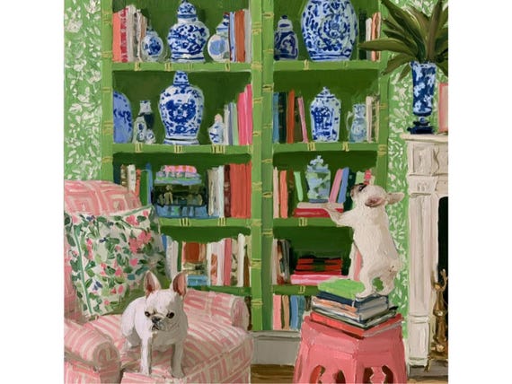 Bookish Frenchies in green chinoiserie library , whimsical dog art