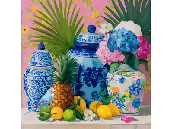 Grandmillennial Chinoiserie Art Print, Preppy Fruits, Ginger Jars, Blue Budgie giclee print