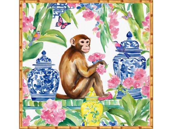 Grandmillennial art, Monkey with hydrangea flowers in chinoiserie garden art print