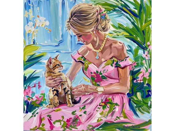 Grandmillennial art, Love at First Sight, girl and her kitten art