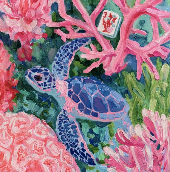 The Lost Tile, whimsical turtle and mahjong tile in coral reef