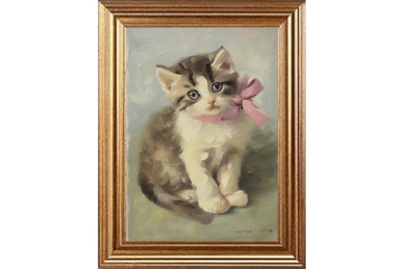 Whimsical fine art, Kitten with pink bow oil painting