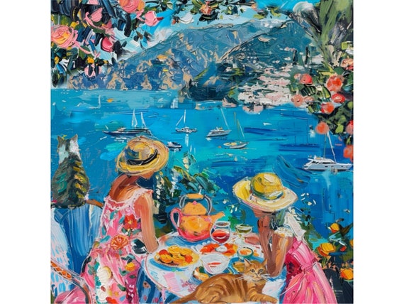 Grandmillennial art, Lunch in Amalfi Coast, whimsical fine art