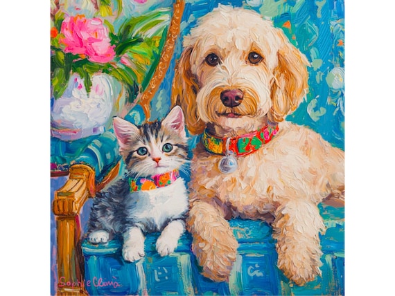 Grandmillennial art, Besties, kitten and Labradoodle whimsical art