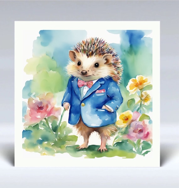 Hedgehog Watercolor Art Print: Dapper Animal Illustration (30x30cm)