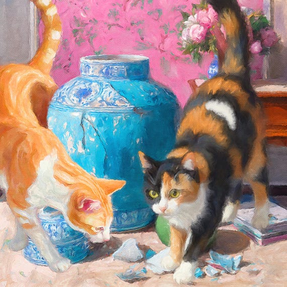 Grandmillennial art, The Troublemakers and the ginger jar , whimsical cat art