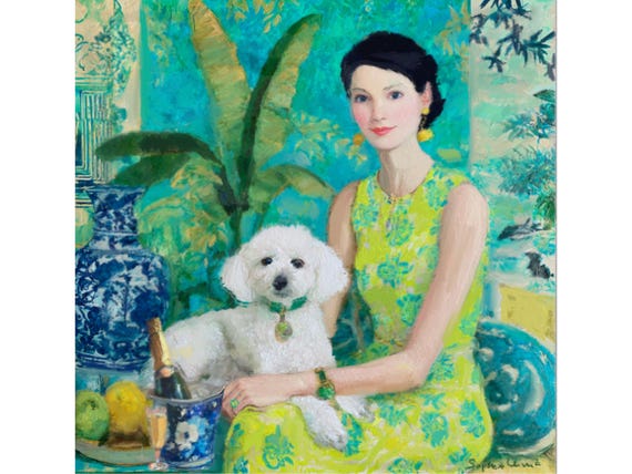 Girl with Bichon Frise Art Print: Whimsical Grandmillennial Chinoiserie