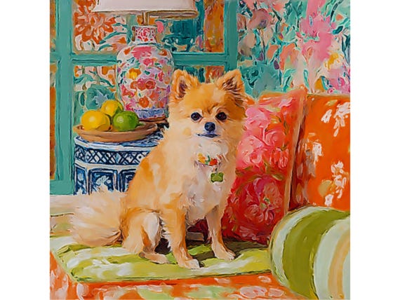 Grandmillennial art, Pomeranian dog in orange room, whimsical dogs art