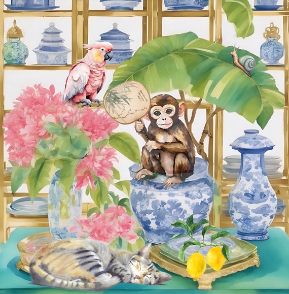Grandmillennial art, Monkey, pink cockatoo parrot and tabby cat in chinoiserie interior, whimsical watercolor
