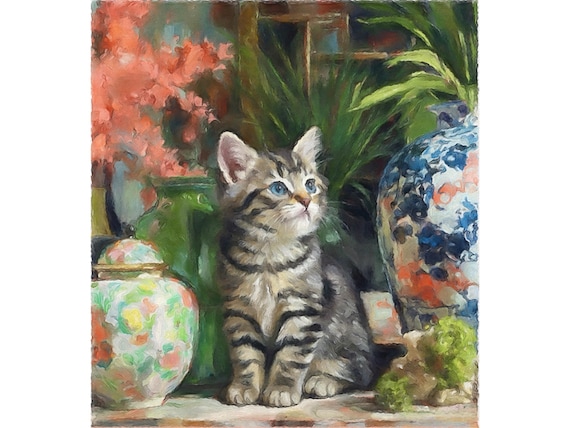Grandmillennial art, Coastal chinoiserie Tabby kitten portrait in jewelled jade chinoiserie room