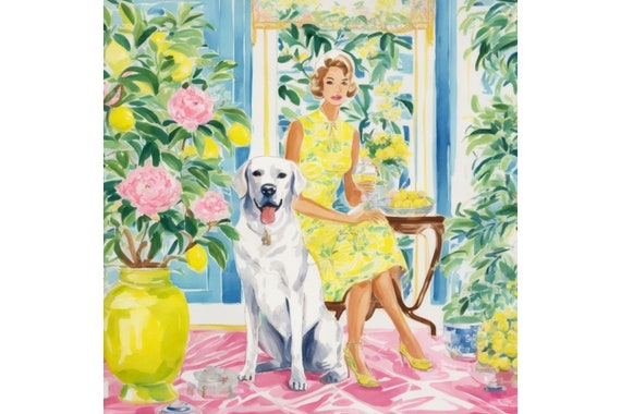 Grandmillennial art, The morning in blue and yellow, preppy whimsical watercolor