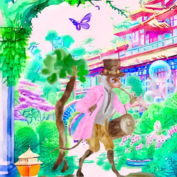 Grandmillennial art, Monkey blowing bubbles in chinoiserie garden