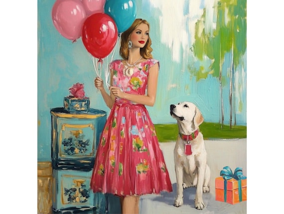 Grandmillennial art, Birthday Girl, whimsical fine art