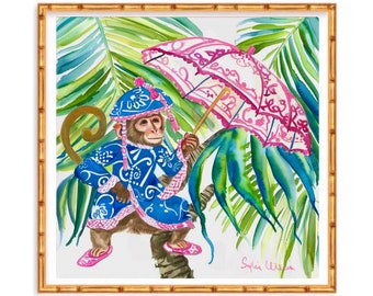 Grandmillennial art, Chinoiserie monkey with pink umbrella art print