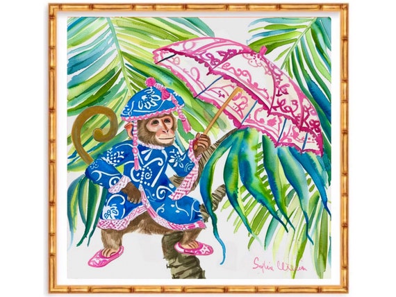 Grandmillennial art, Chinoiserie monkey with pink umbrella art print
