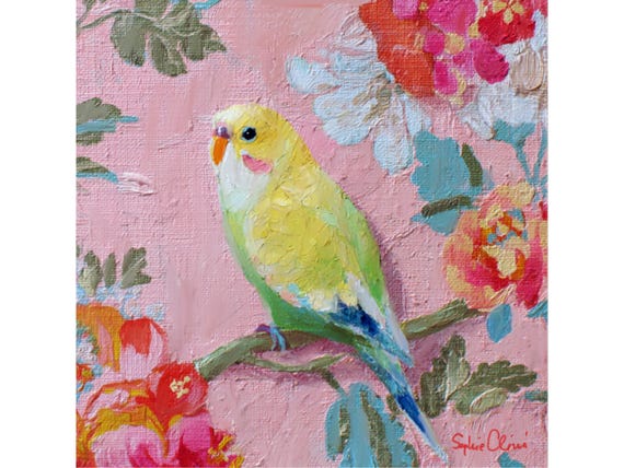 Budgie Art Print: Pink Floral Chinoiserie, Preppy Parakeet Decor