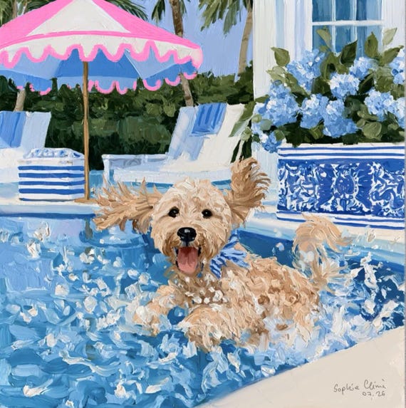 Labradoodle playing in the swimming pool art, Splashing Time, whimsical Palm Beach limited edition art print, signed by the artist